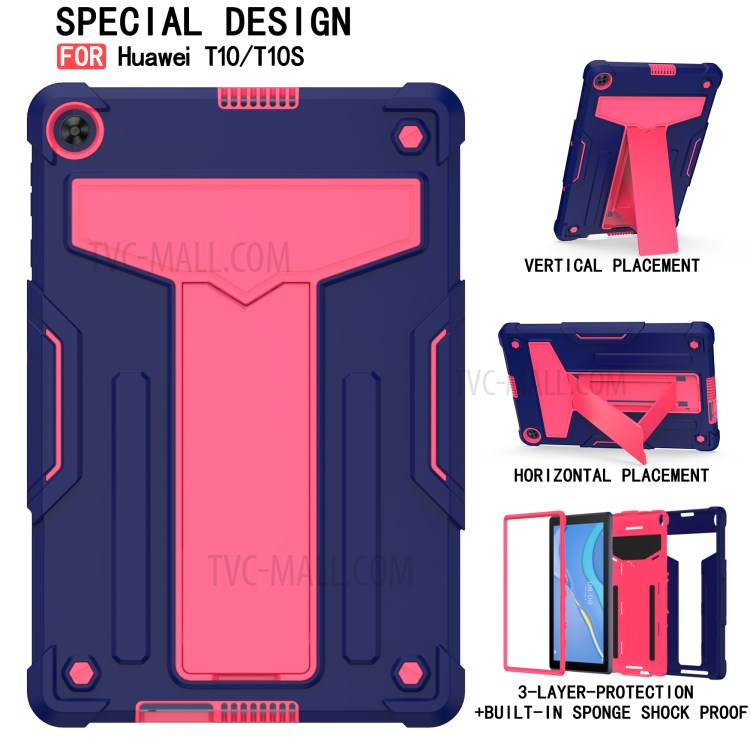 Foldable T-shaped Kickstand Anti-dust PC Silicone Protector Cover for Huawei MatePad T10S - Dark Blue/Red-2