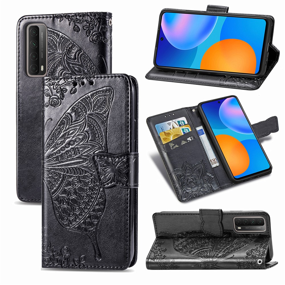 Imprint Big Butterfly Leather Wallet Phone Stand Shell for Huawei P Smart 2021 / Huawei Y7a - Black-1
