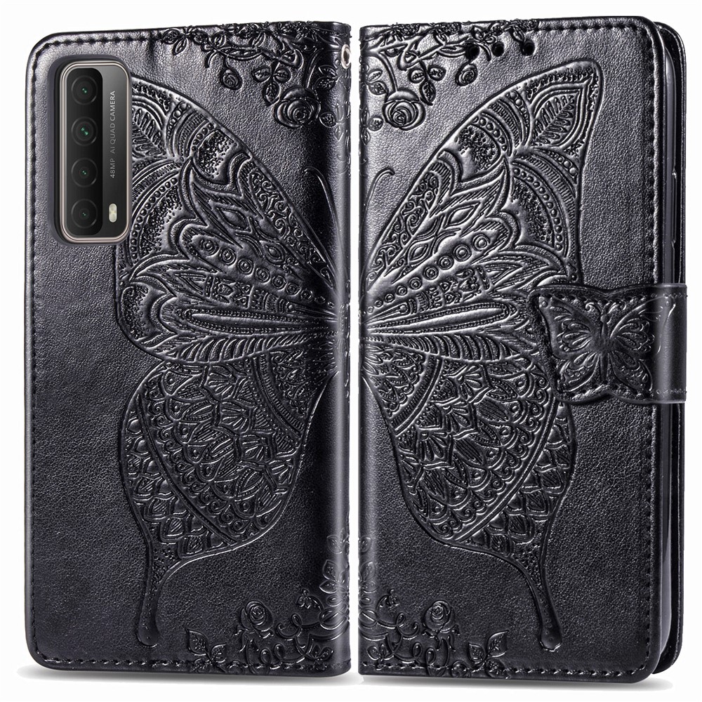 Imprint Big Butterfly Leather Wallet Phone Stand Shell for Huawei P Smart 2021 / Huawei Y7a - Black-2