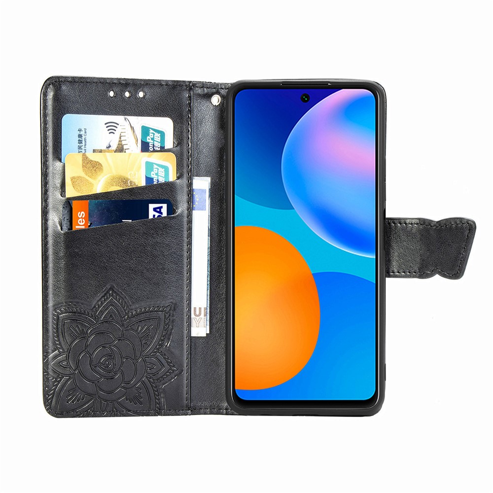 Imprint Big Butterfly Leather Wallet Phone Stand Shell for Huawei P Smart 2021 / Huawei Y7a - Black-5