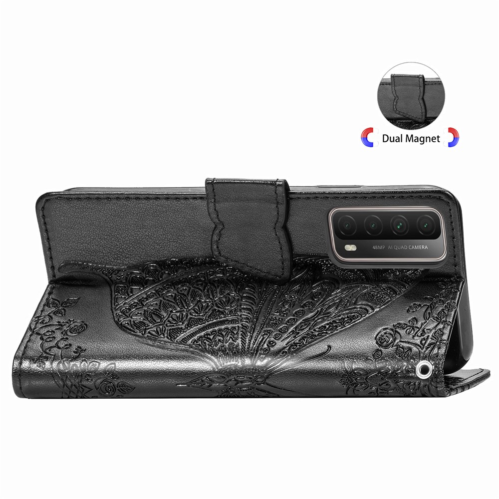 Imprint Big Butterfly Leather Wallet Phone Stand Shell for Huawei P Smart 2021 / Huawei Y7a - Black-7