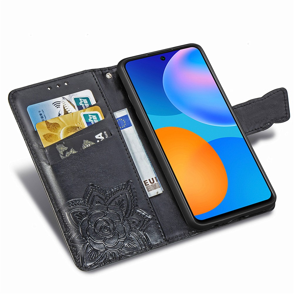 Imprint Big Butterfly Leather Wallet Phone Stand Shell for Huawei P Smart 2021 / Huawei Y7a - Black-8