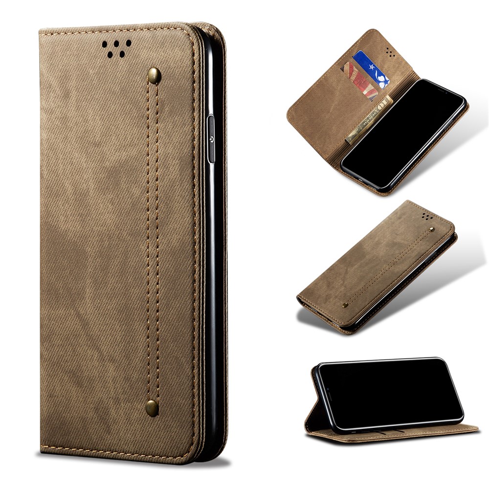 Coque Du Portefeuille En Cuir De Texture De Toile De Jeans Pour Huawei Nova 8 5G - Kaki-1