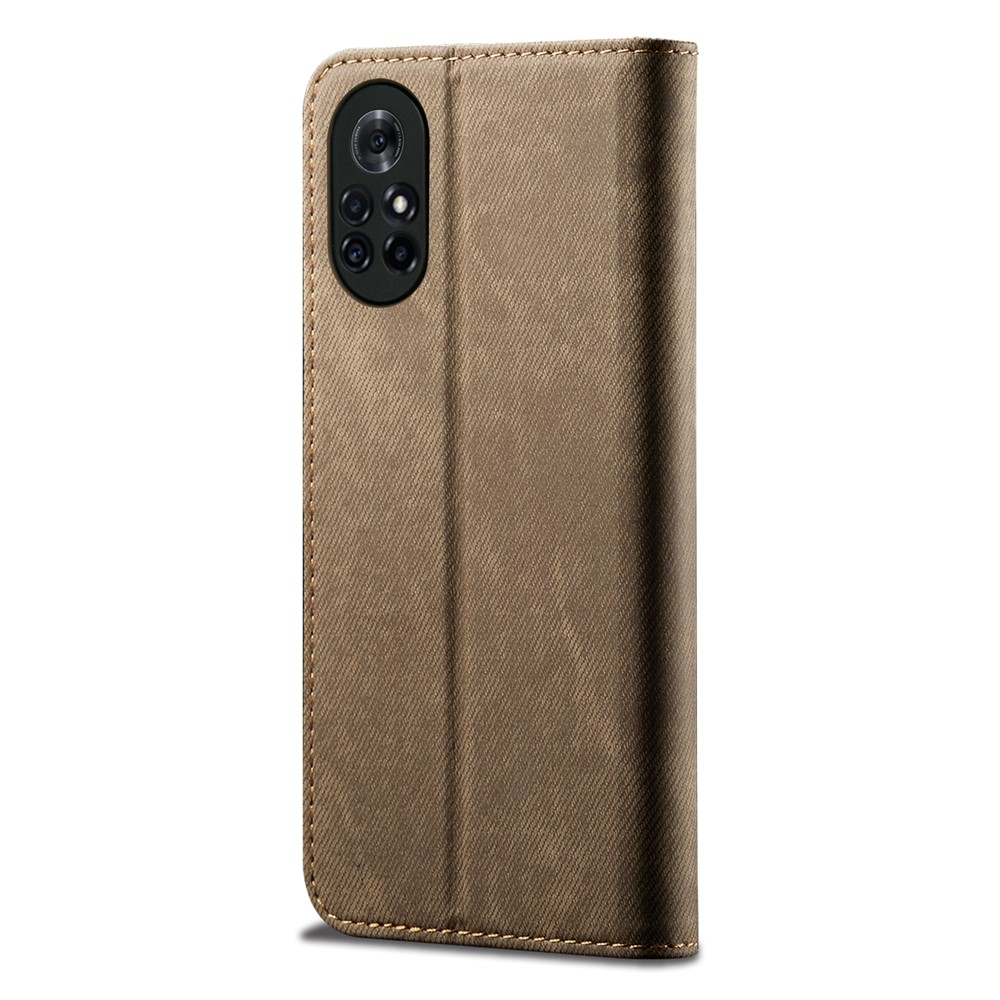 Coque Du Portefeuille En Cuir De Texture De Toile De Jeans Pour Huawei Nova 8 5G - Kaki-7