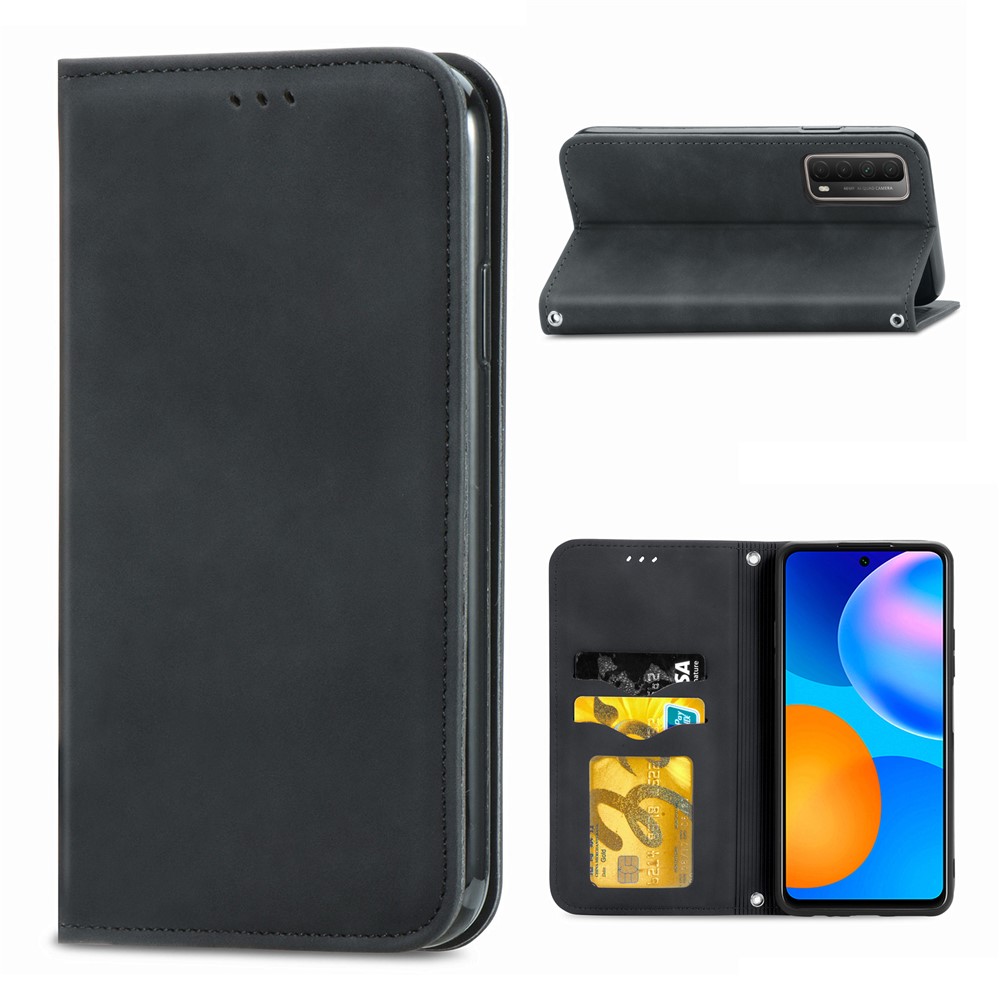 Auto-absorbed Vintage PU Leather Phone Casing for Huawei P Smart 2021 / Huawei Y7a - Black-1