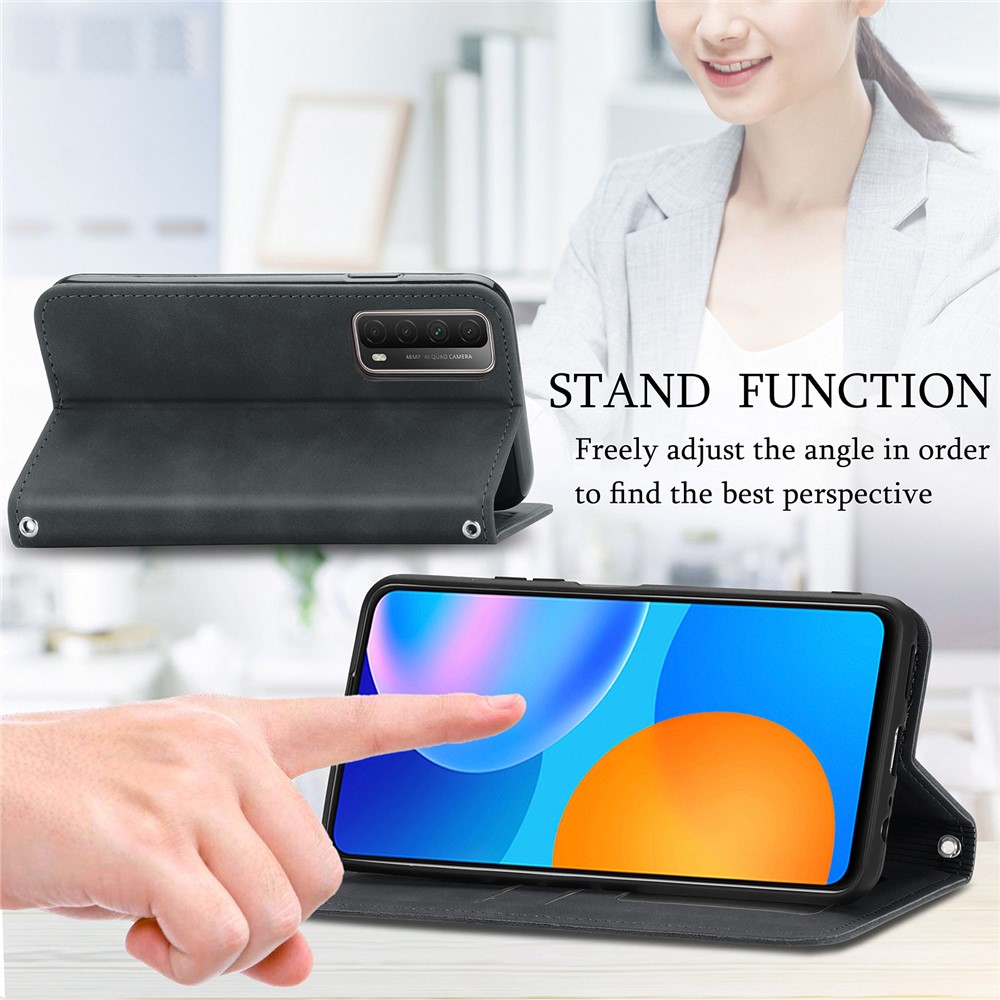 Auto-absorbed Vintage PU Leather Phone Casing for Huawei P Smart 2021 / Huawei Y7a - Black-13