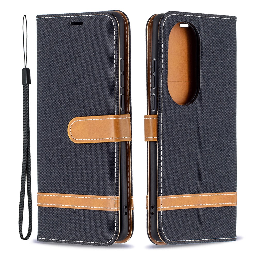 Assorted Color Jeans Cloth Leather Wallet Stand Case for Huawei P50 Pro - Black-1