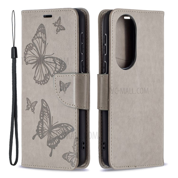Imprint Butterfly Wallet Leather Stand Case for Huawei P50 - Grey-1