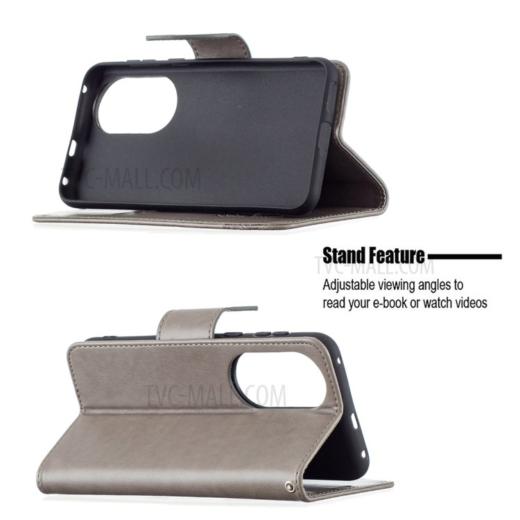 Imprint Butterfly Wallet Leather Stand Case for Huawei P50 - Grey-4