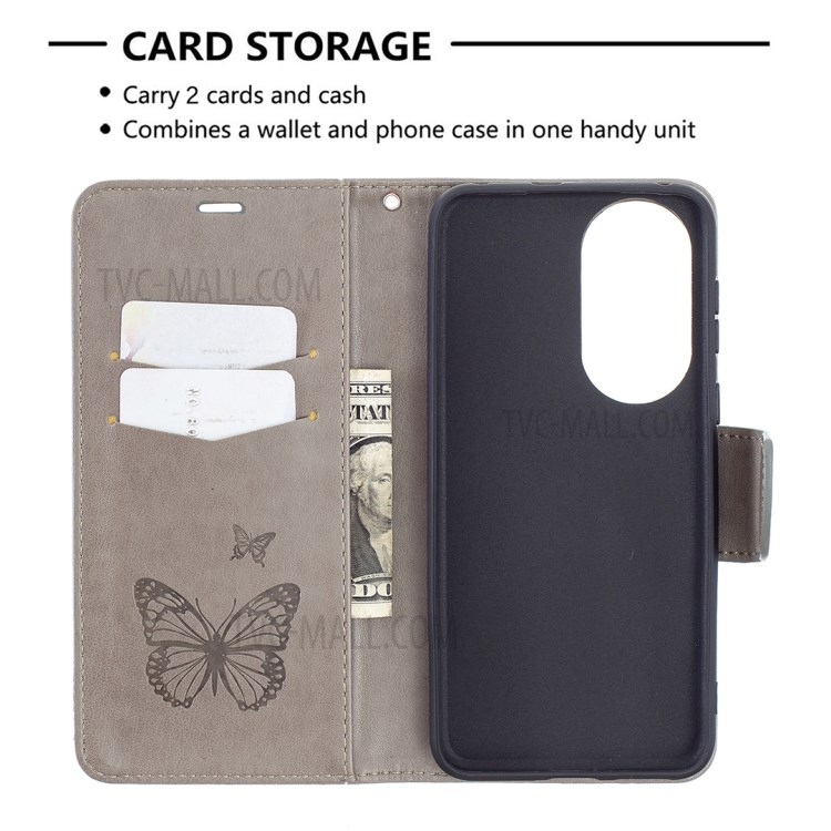Imprint Butterfly Wallet Leather Stand Case for Huawei P50 - Grey-5
