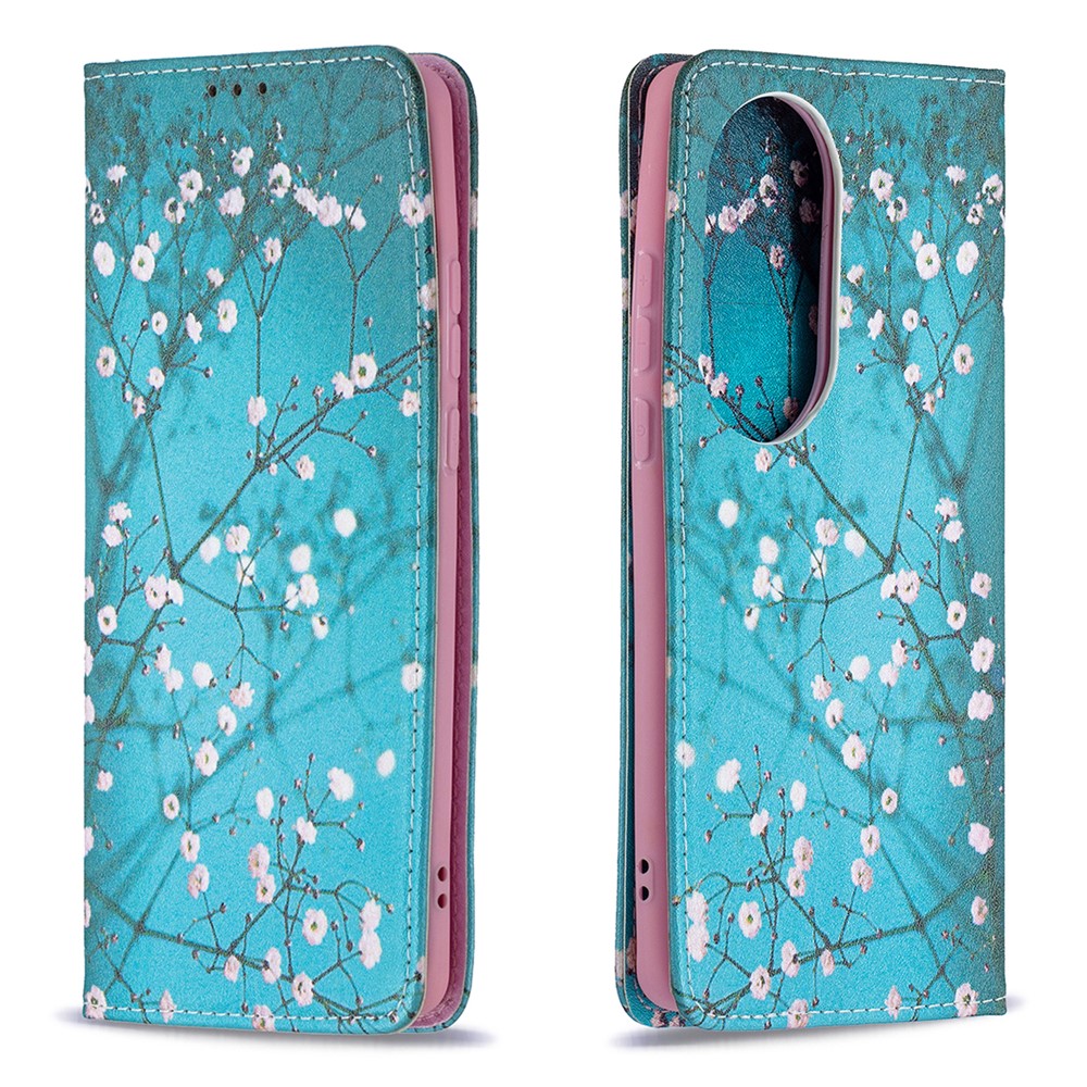 Pattern Printing Leather Wallet Case for Huawei P50 Pro - Tree with Flowers-1