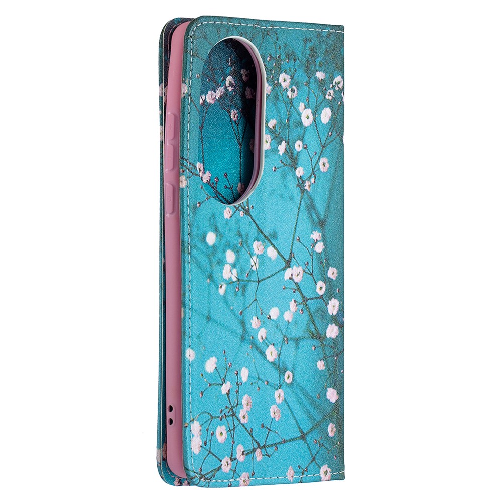 Pattern Printing Leather Wallet Case for Huawei P50 Pro - Tree with Flowers-3