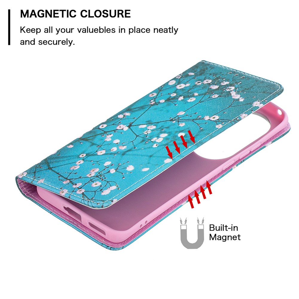 Pattern Printing Leather Wallet Case for Huawei P50 Pro - Tree with Flowers-5