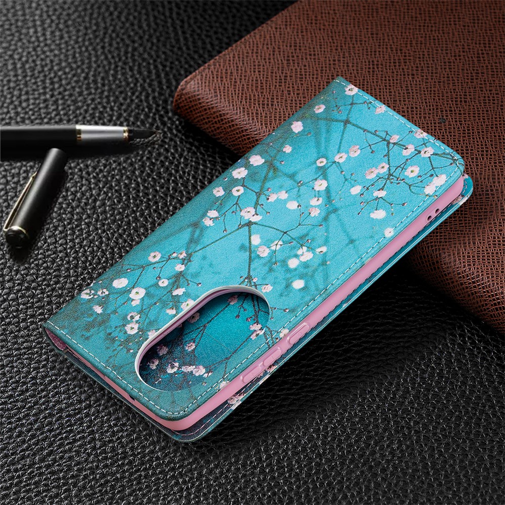 Pattern Printing Leather Wallet Case for Huawei P50 Pro - Tree with Flowers-8