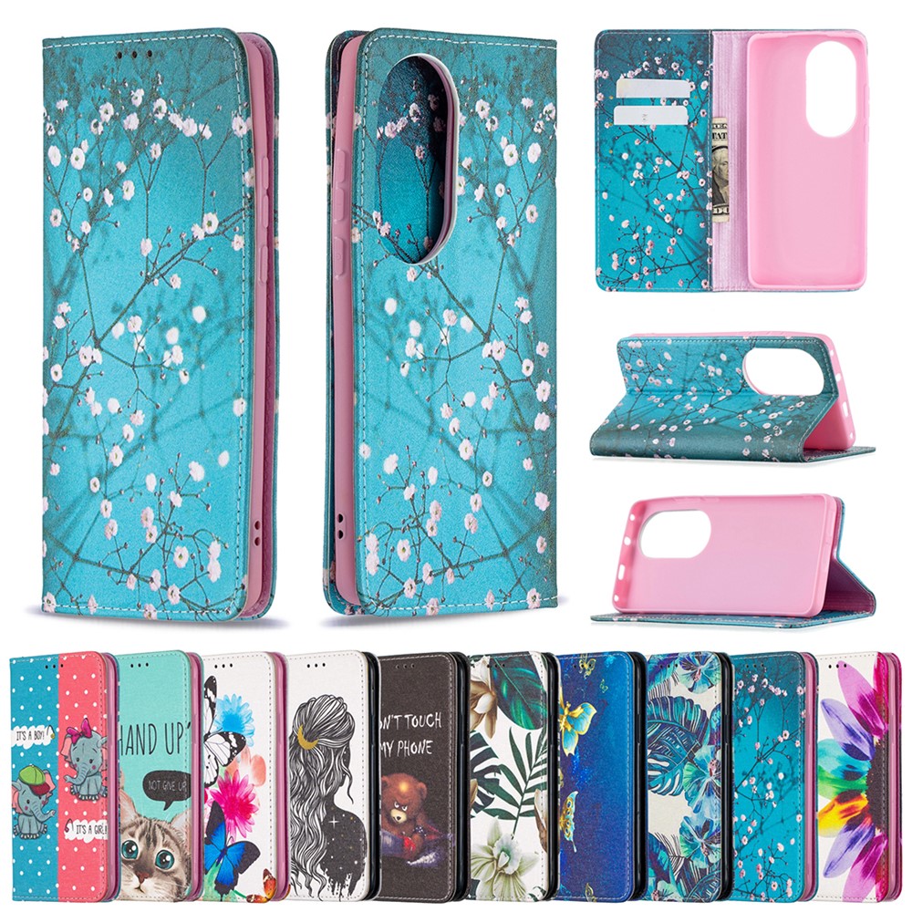 Pattern Printing Leather Wallet Case for Huawei P50 Pro - Tree with Flowers-9
