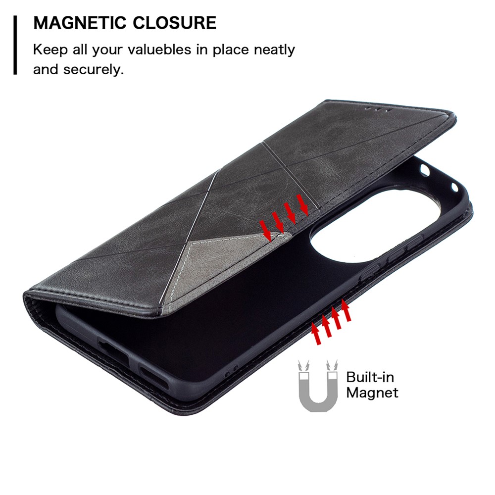 Case de Cartera de Cuero de Stand de Patrón Geométrico Para Huawei P50 Pro - Negro