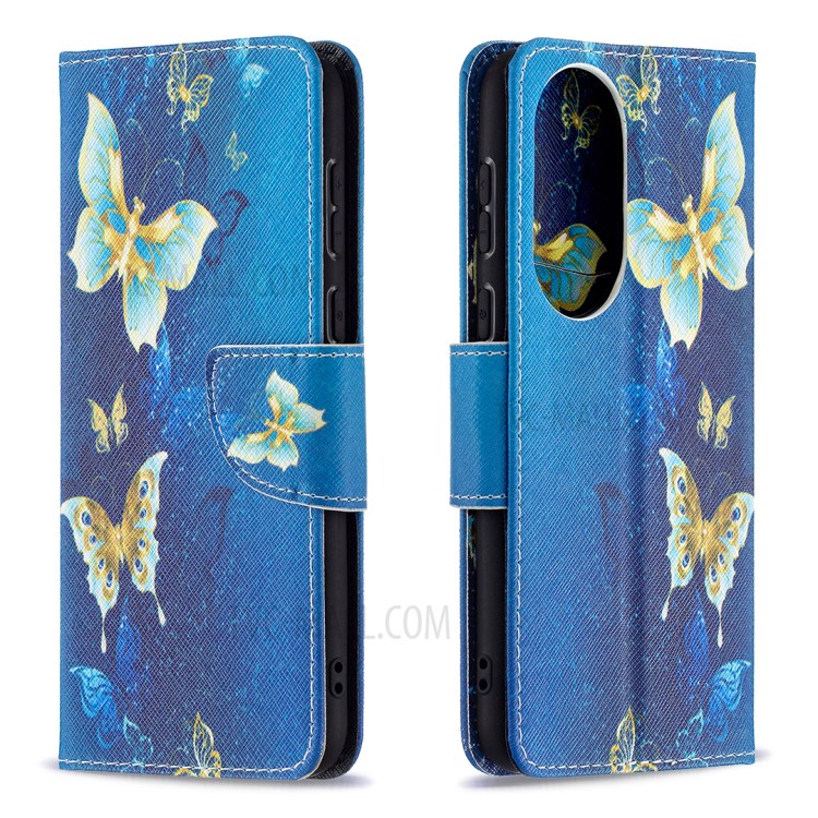 Pattern Printing Wallet Leather Stand Case for Huawei P50 - Gold Butterflies-1