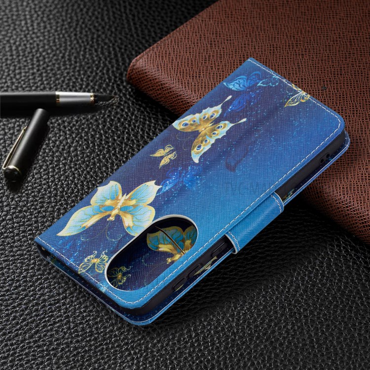 Pattern Printing Wallet Leather Stand Case for Huawei P50 - Gold Butterflies-7