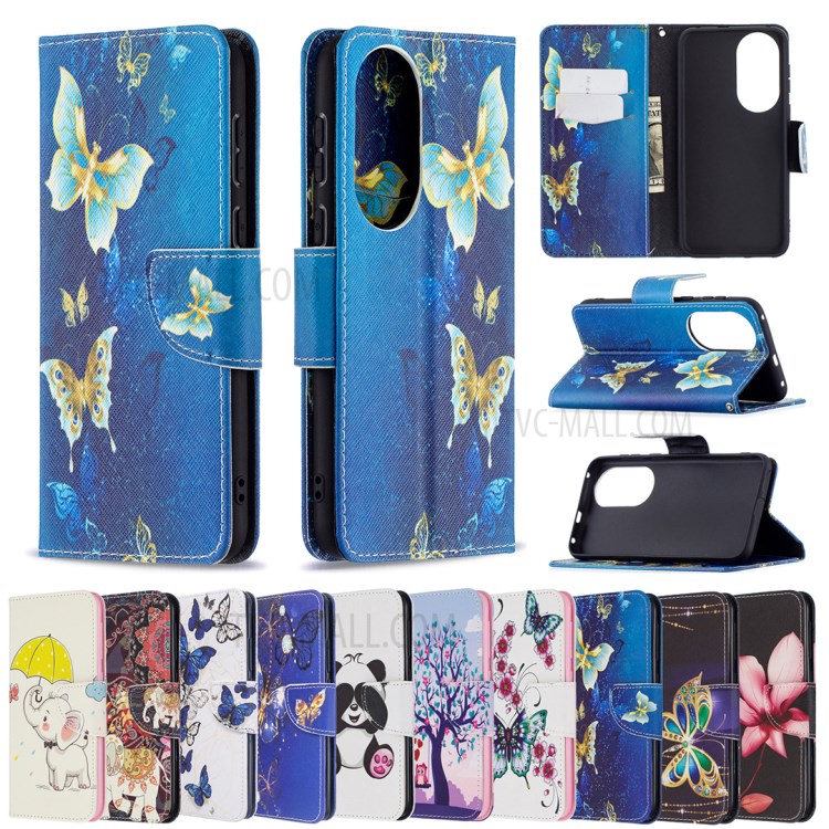 Pattern Printing Wallet Leather Stand Case for Huawei P50 - Gold Butterflies-8