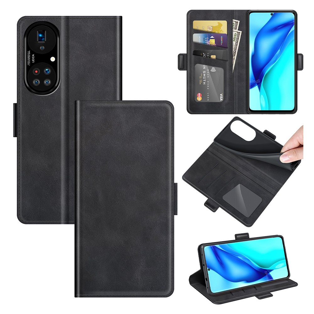 Magnetic Double Clasp Wallet Leather Mobile Phone Case Stand for Huawei P50 Pro - Black-7