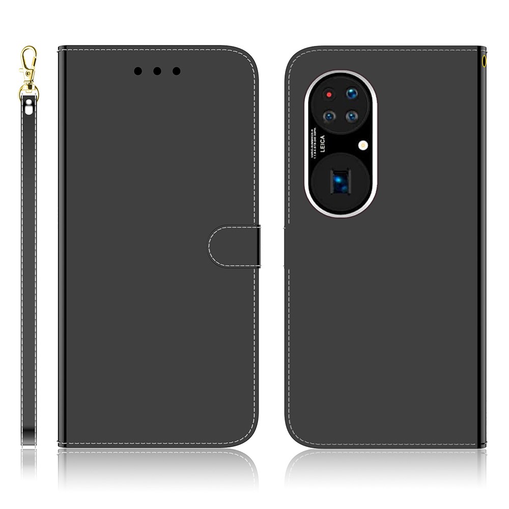 Well-Protected Mirror-like Surface Leather Cell Phone Case + Wrist Strap with Wallet Stand Design for Huawei P50 - Black-1