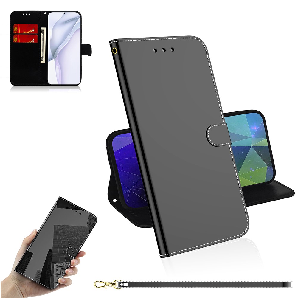 Well-Protected Mirror-like Surface Leather Cell Phone Case + Wrist Strap with Wallet Stand Design for Huawei P50 - Black-11