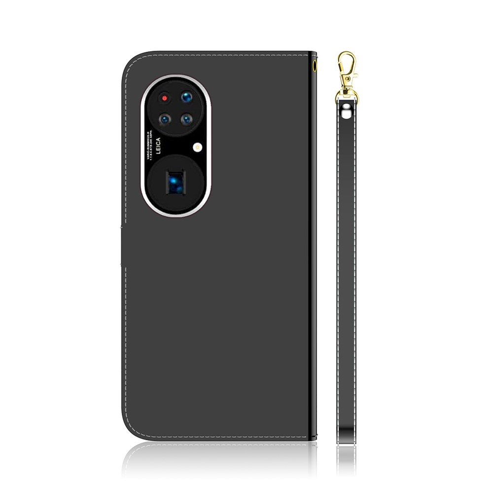 Well-Protected Mirror-like Surface Leather Cell Phone Case + Wrist Strap with Wallet Stand Design for Huawei P50 - Black-3