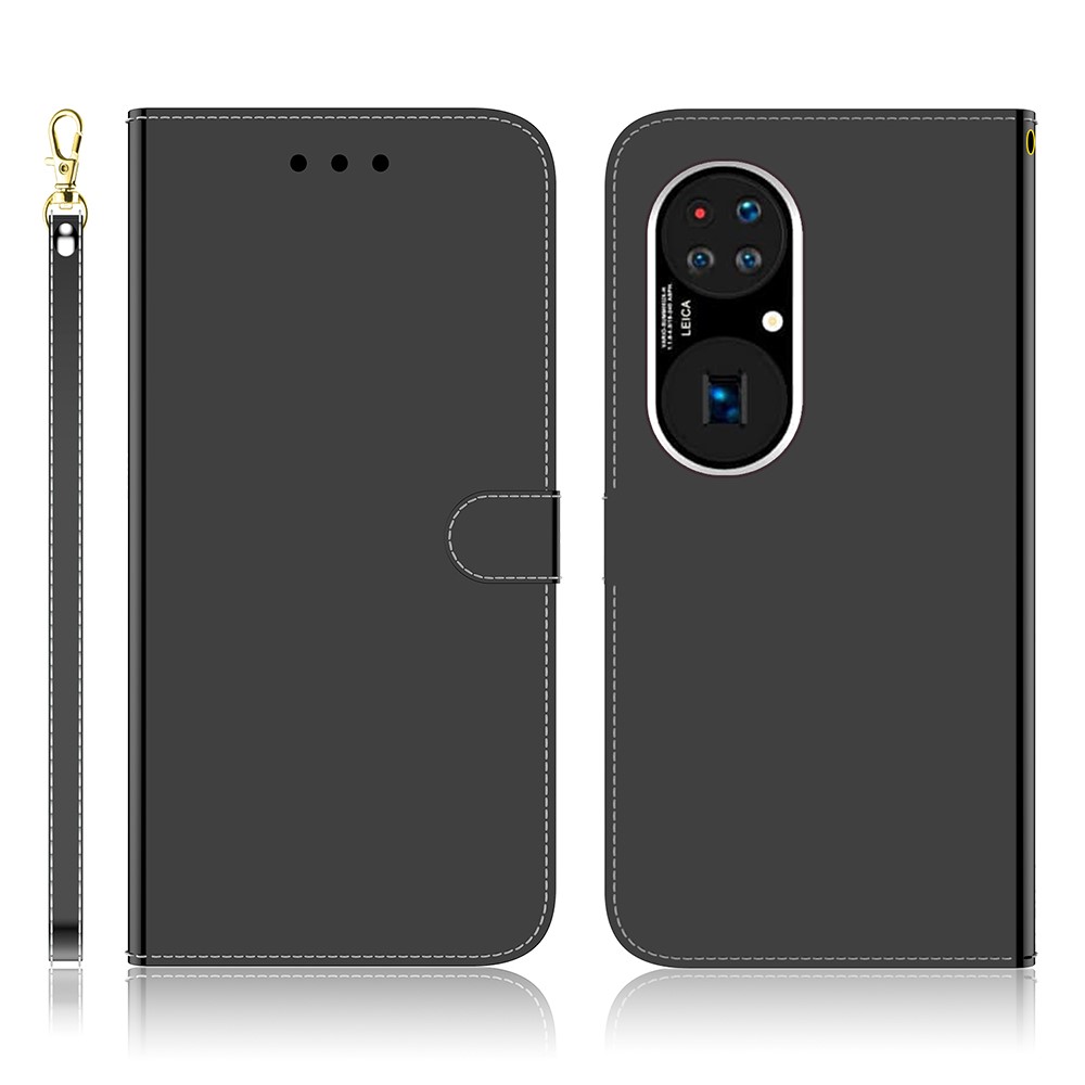 Mirror-like Surface Full Protection Leather Case + Wrist Strap with Wallet Stand Design for Huawei P50 Pro - Black-1