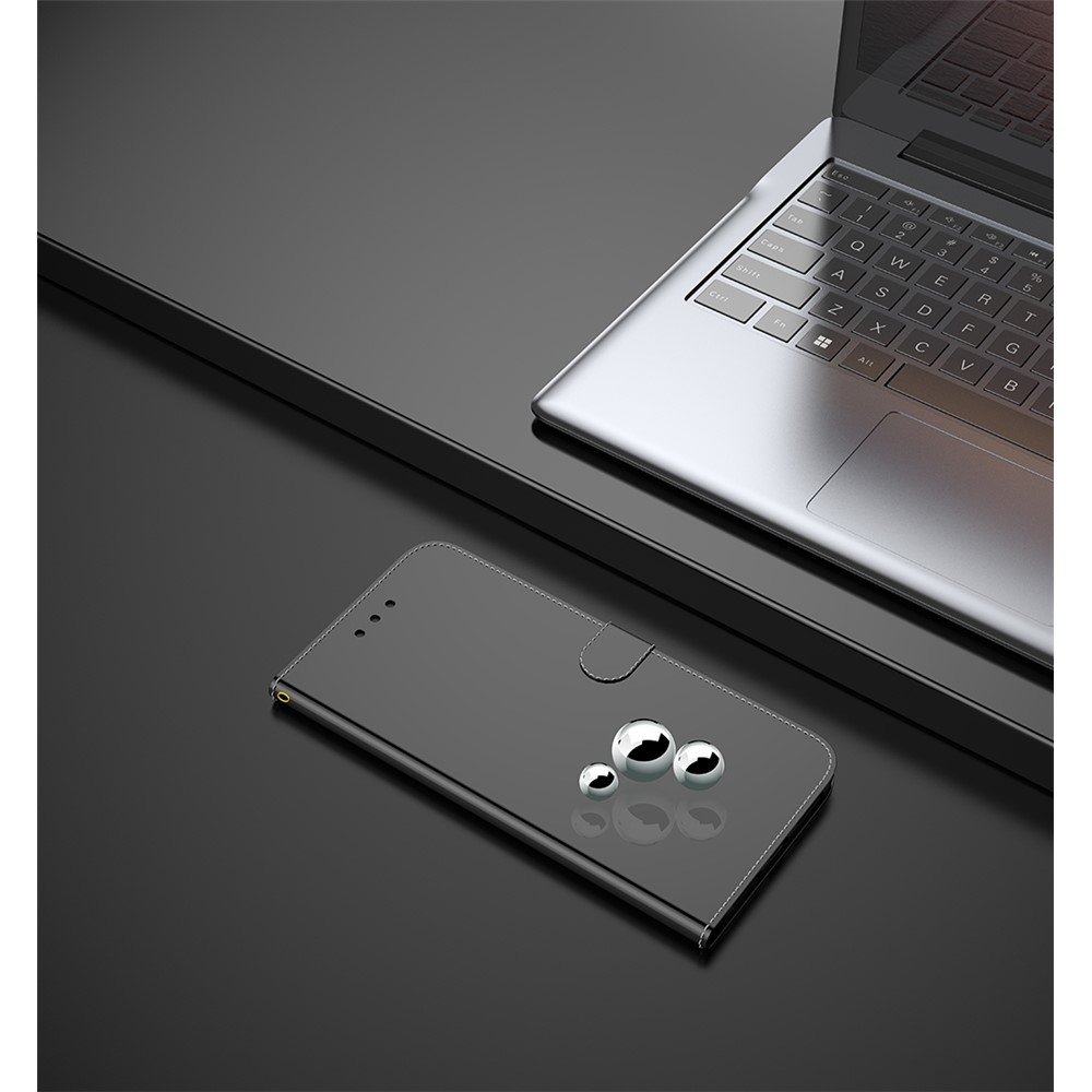 Mirror-like Surface Full Protection Leather Case + Wrist Strap with Wallet Stand Design for Huawei P50 Pro - Black-12