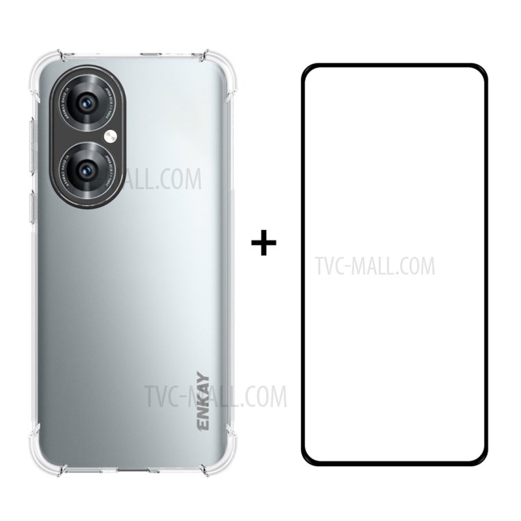 ENKAY Thickening Four Corners Clear TPU Cover Case + Full Glue 0.26mm 9H 2.5D Tempered Glass Full Screen Covering Film for Huawei P50-1