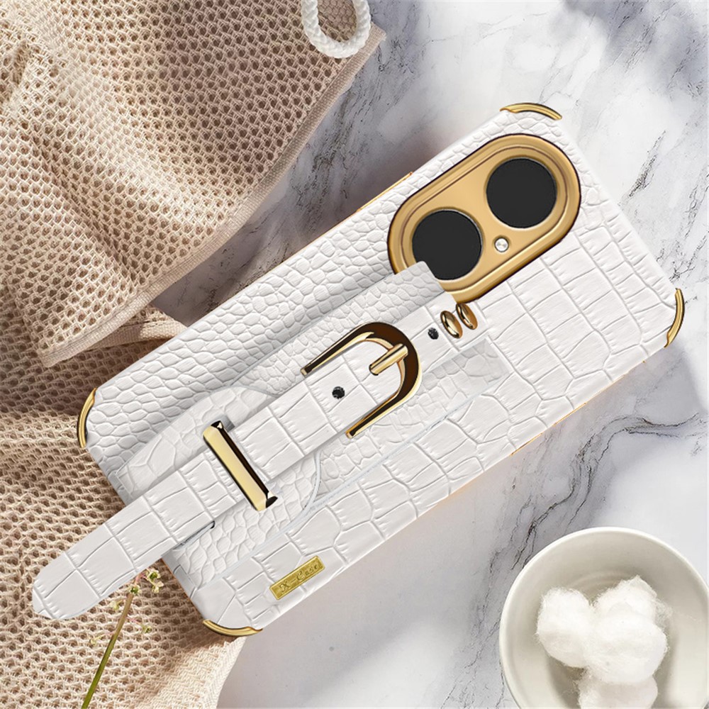 Crocodile Texture 6D Electroplated Wrist Strap PU Leather Coated TPU Phone Case Protector for Huawei P50 Pro - White-10
