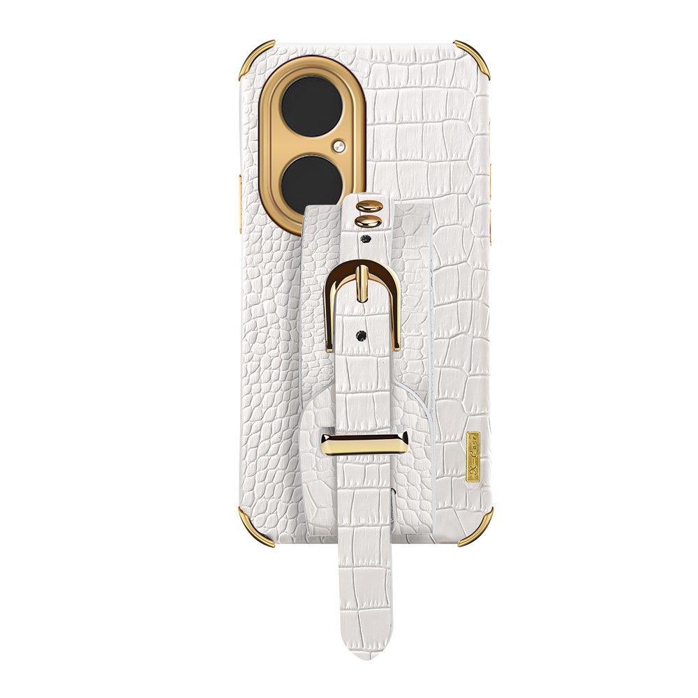 Crocodile Texture 6D Electroplated Wrist Strap PU Leather Coated TPU Phone Case Protector for Huawei P50 Pro - White-3