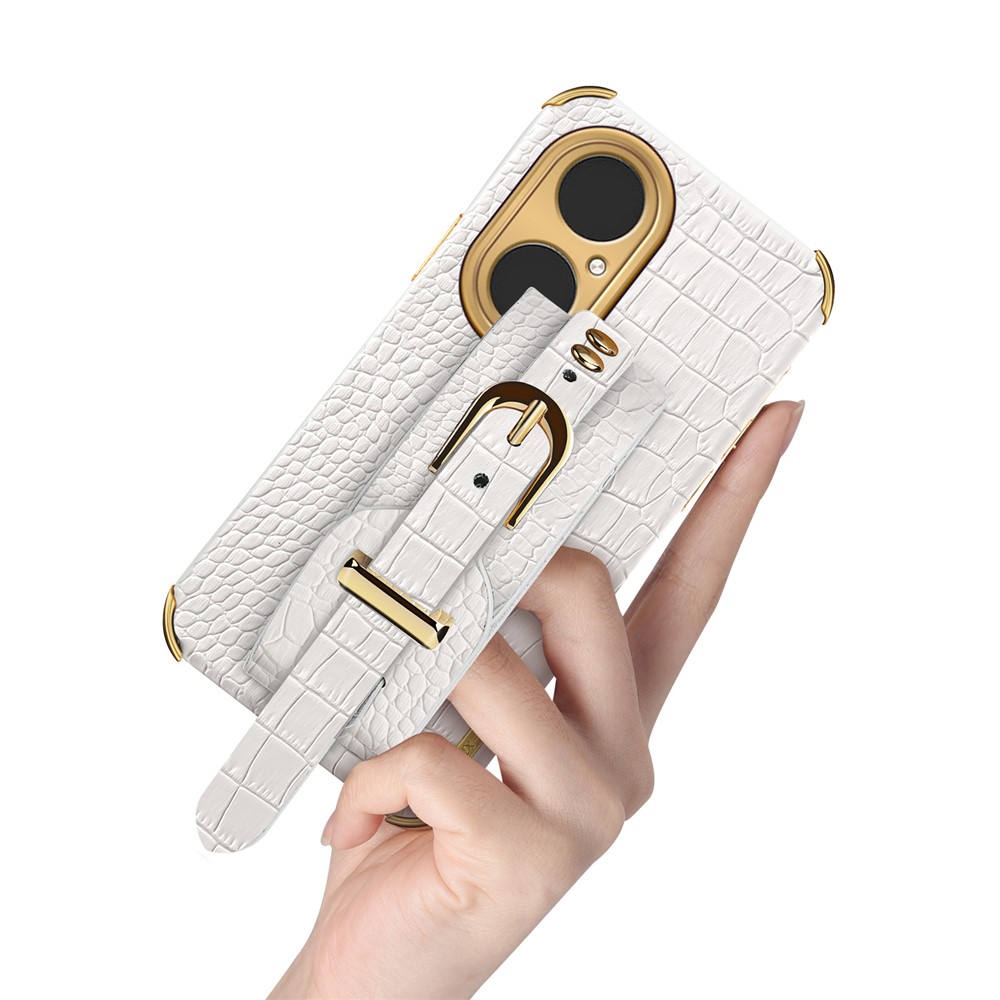 Crocodile Texture 6D Electroplated Wrist Strap PU Leather Coated TPU Phone Case Protector for Huawei P50 Pro - White-7