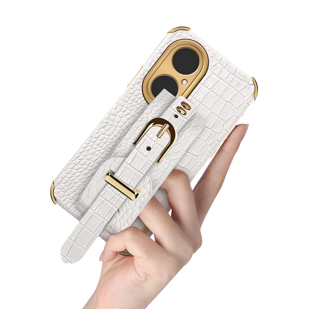 Crocodile Texture 6D Bracelet De Poignet Électropldé En Cuir PU Protecteur De Téléphone TPU Enduit Pour Huawei P50 Pro - Blanc