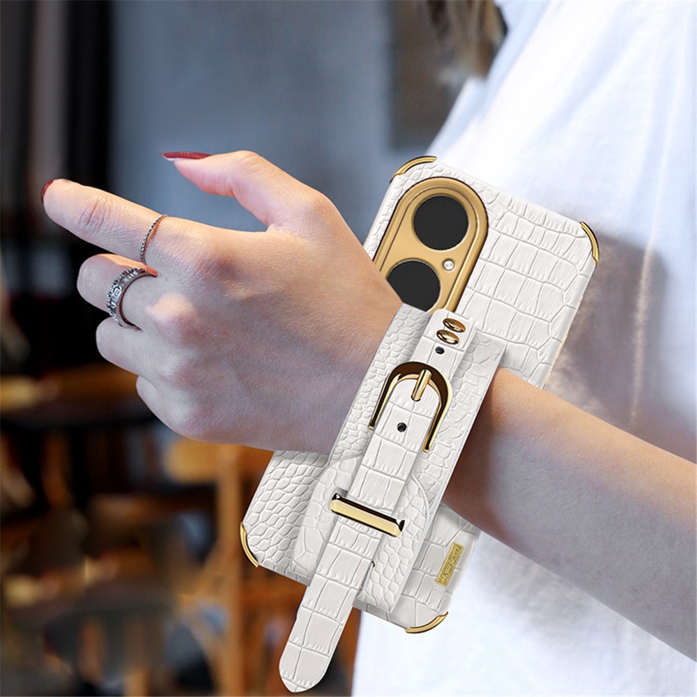 Crocodile Texture 6D Electroplated Wrist Strap PU Leather Coated TPU Phone Case Protector for Huawei P50 Pro - White-9
