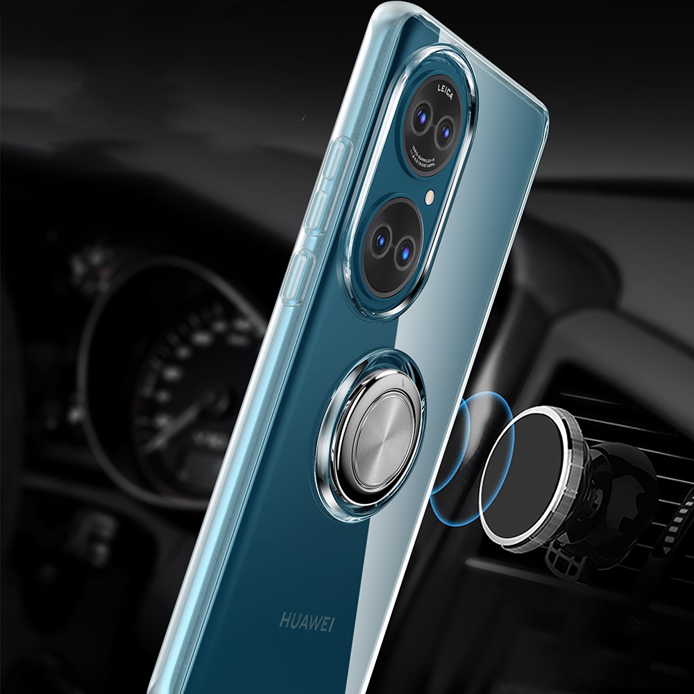 Flexible TPU Phone Case with Rotary Finger Ring Kickstand for Huawei P50 - Transparent-10