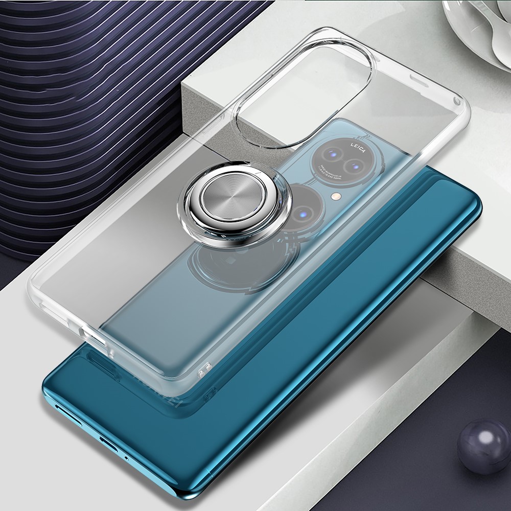 Flexible TPU Phone Case with Rotary Finger Ring Kickstand for Huawei P50 - Transparent-11