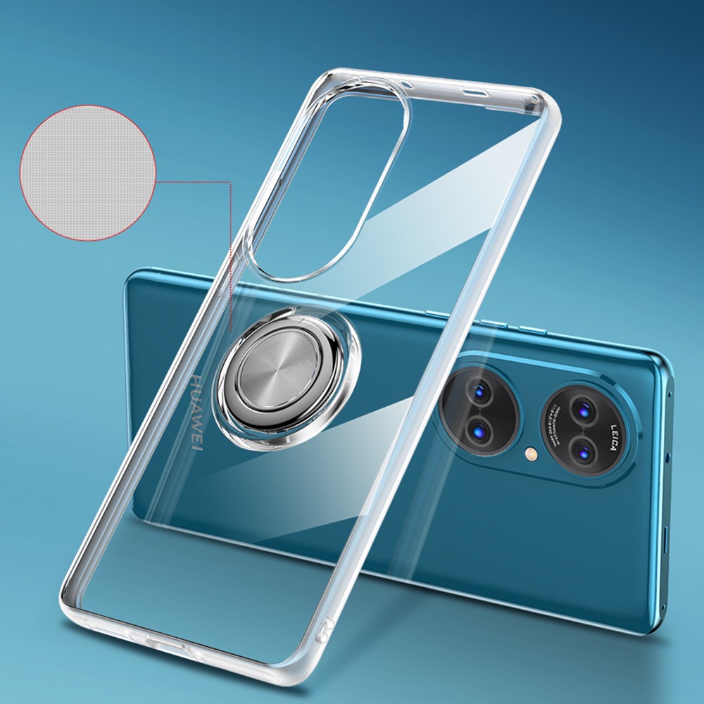 Flexible TPU Phone Case with Rotary Finger Ring Kickstand for Huawei P50 - Transparent-3
