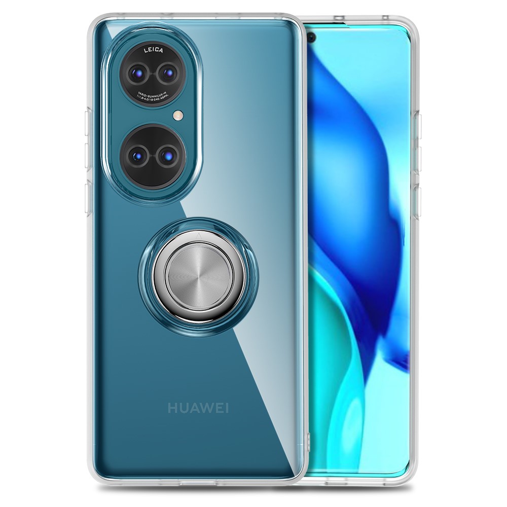 Flexible TPU Phone Case with Rotary Finger Ring Kickstand for Huawei P50 - Transparent-7