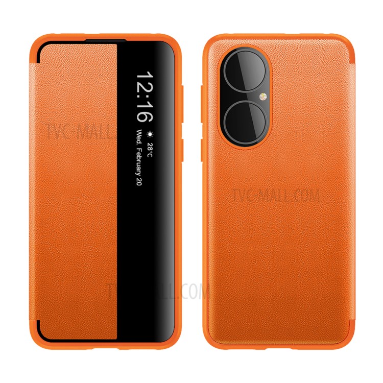 Auto Wake & Sleep Case Drop-Resistant Leather Flip Cover with View Window for Huawei P50 - Orange-1