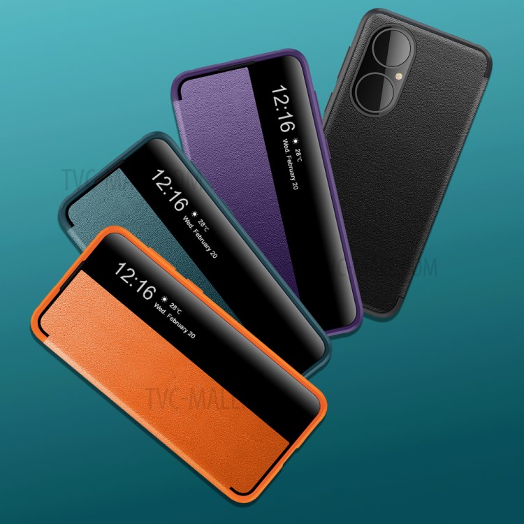 Auto Wake & Sleep Case Drop-Resistant Leather Flip Cover with View Window for Huawei P50 - Orange-12