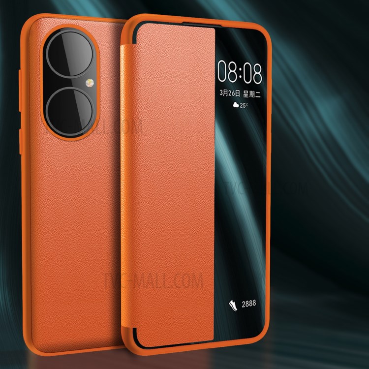 Auto Wake & Sleep Case Drop-Resistant Leather Flip Cover with View Window for Huawei P50 - Orange-2