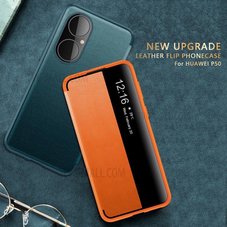 Auto Wake & Sleep Case Drop-Resistant Leather Flip Cover with View Window for Huawei P50 - Orange-3