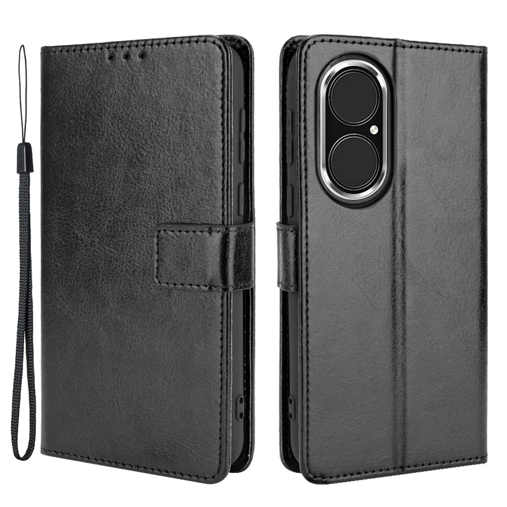 Split Leather Crazy Horse Texture Wallet Stand Design Phone Case Shell for Huawei P50 Pro - Black-1