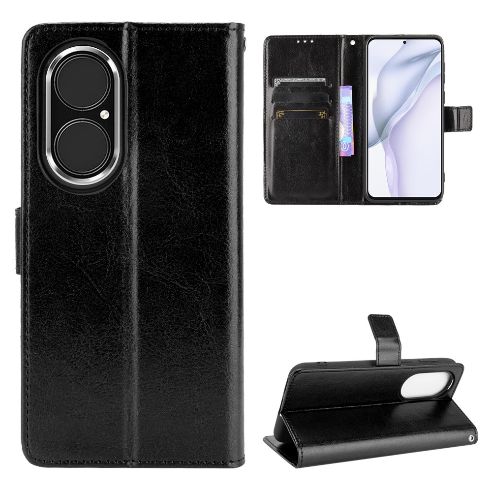 Split Leather Crazy Horse Texture Wallet Stand Design Phone Case Shell for Huawei P50 Pro - Black-7