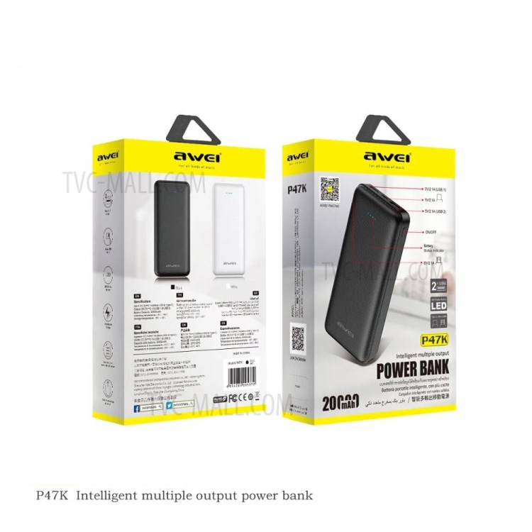 AWEI P47K 20000mAh Portable USB Type-C PD 22.5W Phone Fast Charging Power Bank - Black-7
