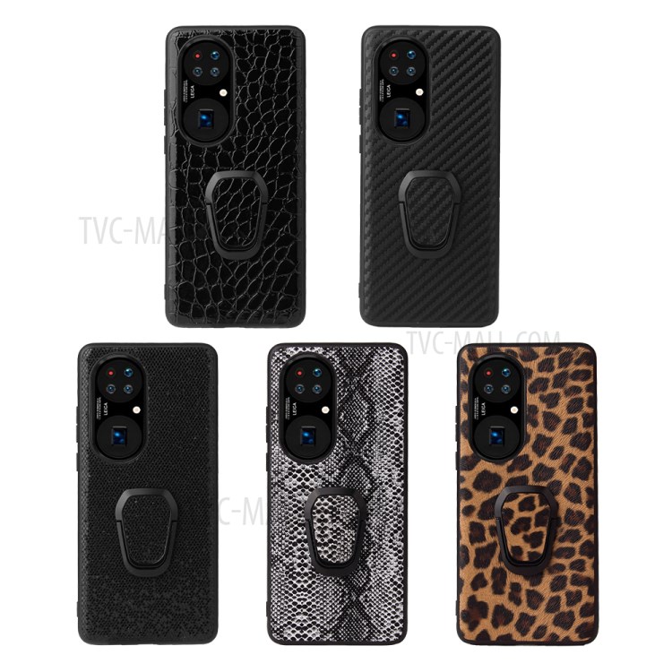 PU Leather Coated TPU Ring-Shape Kickstand Phone Cover Shell for Huawei P50 - Carbon Fiber Texture-11