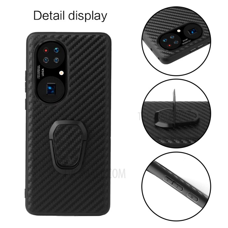 PU Leather Coated TPU Ring-Shape Kickstand Phone Cover Shell for Huawei P50 - Carbon Fiber Texture-3