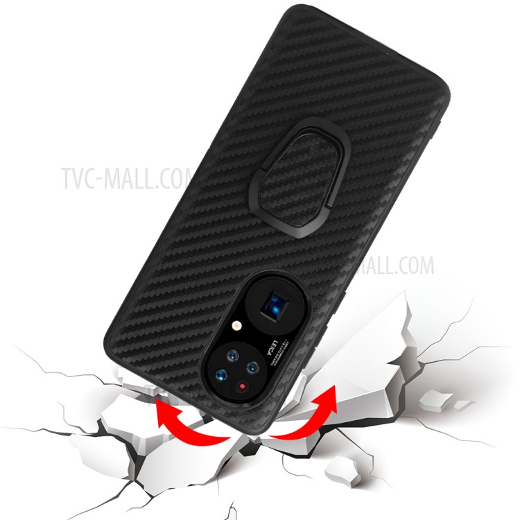PU Leather Coated TPU Ring-Shape Kickstand Phone Cover Shell for Huawei P50 - Carbon Fiber Texture-7