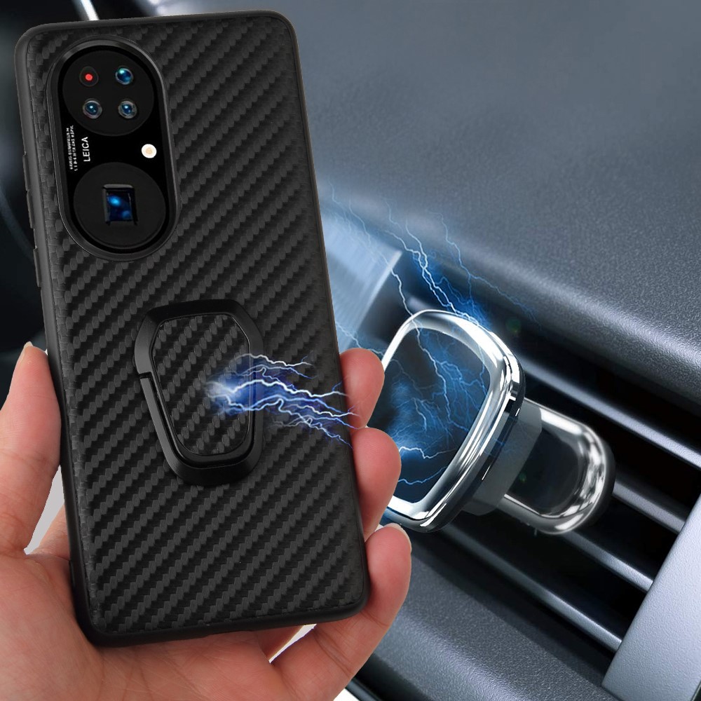 PU Leather Coated TPU Ring-Shape Kickstand Phone Cover Shell for Huawei P50 Pro - Carbon Fiber Texture-10